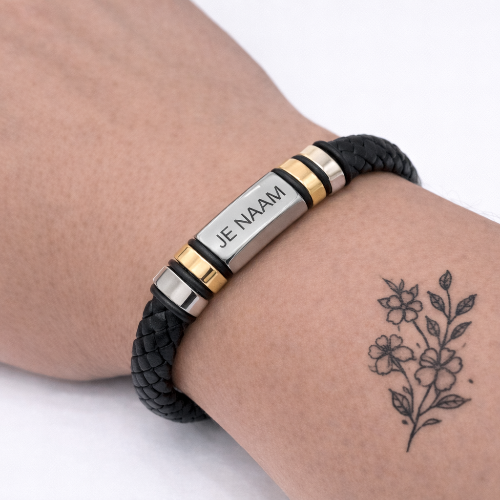 Armband met gravure - gepersonaliseerd - zwart gevlochten design - roestvrij staal met goudkleurige accenten