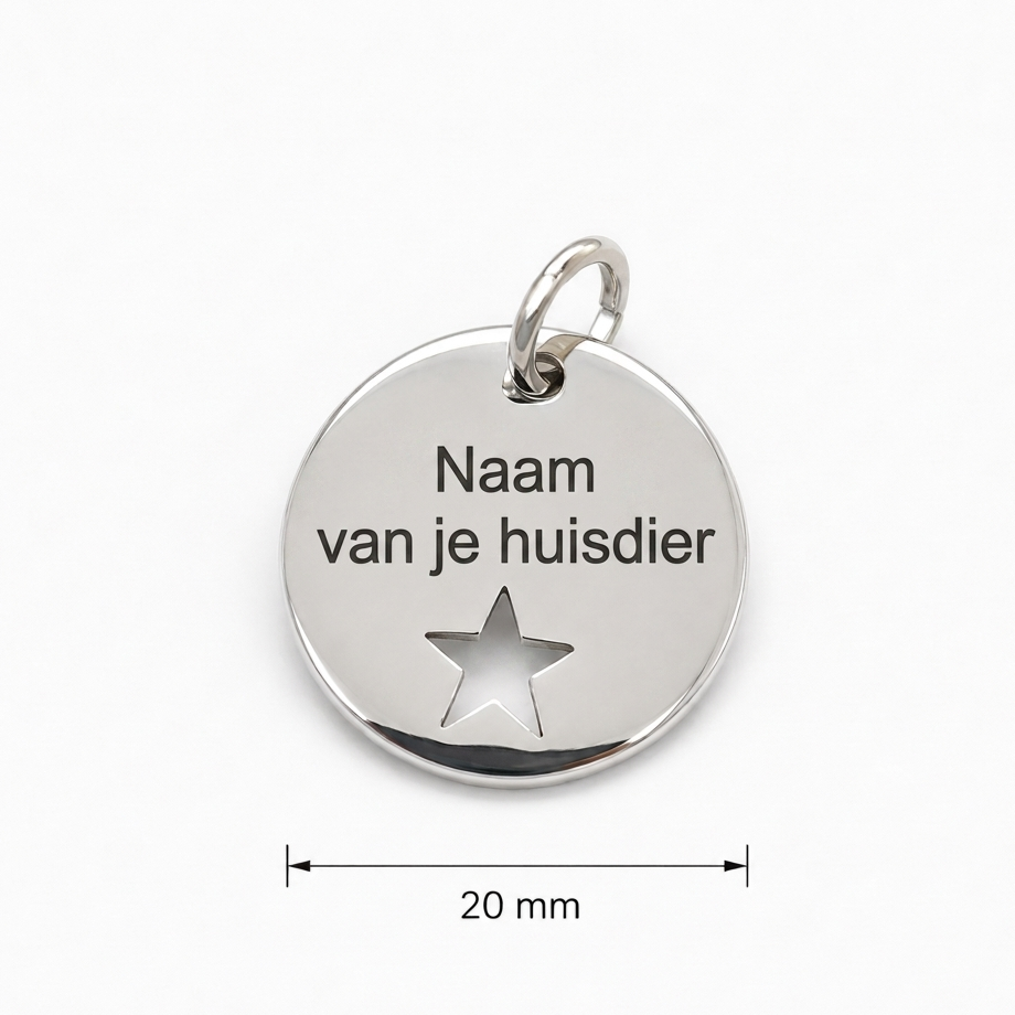 Gepersonaliseerde Dierenpenning / Naamplaatje voor Huisdier – Hondenpenning en Kattenpenning met Naam, Telefoonnummer en Adres – Ronde Penning 20 mm met Dubbelzijdige Gravure – Zilverkleurig met Ster