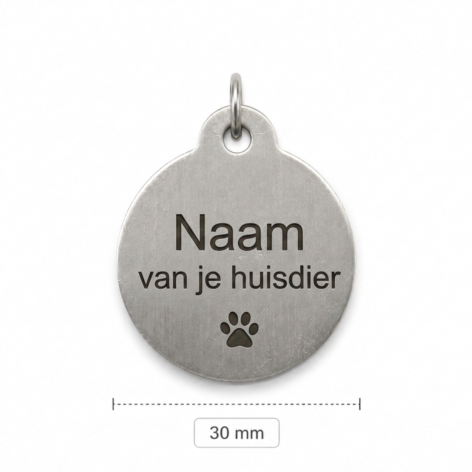 Gepersonaliseerde Aluminium Dierenpenning / Naamplaatje voor Huisdier – Hondenpenning en Kattenpenning met Naam, Telefoonnummer en Adres – Ronde Penning 30 mm met Dubbelzijdige Gravure – Zilverkleurig met Pootje