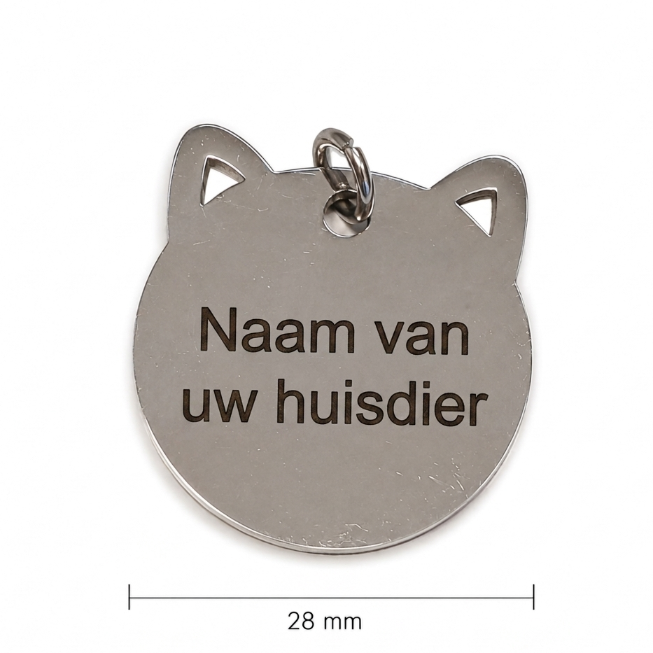 Gepersonaliseerde RVS Kattenpenning / Naamplaatje voor Huisdier – Kattenpenning voor Kat met Naam, Telefoonnummer en Adres – Kattenkop Penning 28 mm met Dubbelzijdige Gravure – Roestvrij Staal – Zilverkleurig