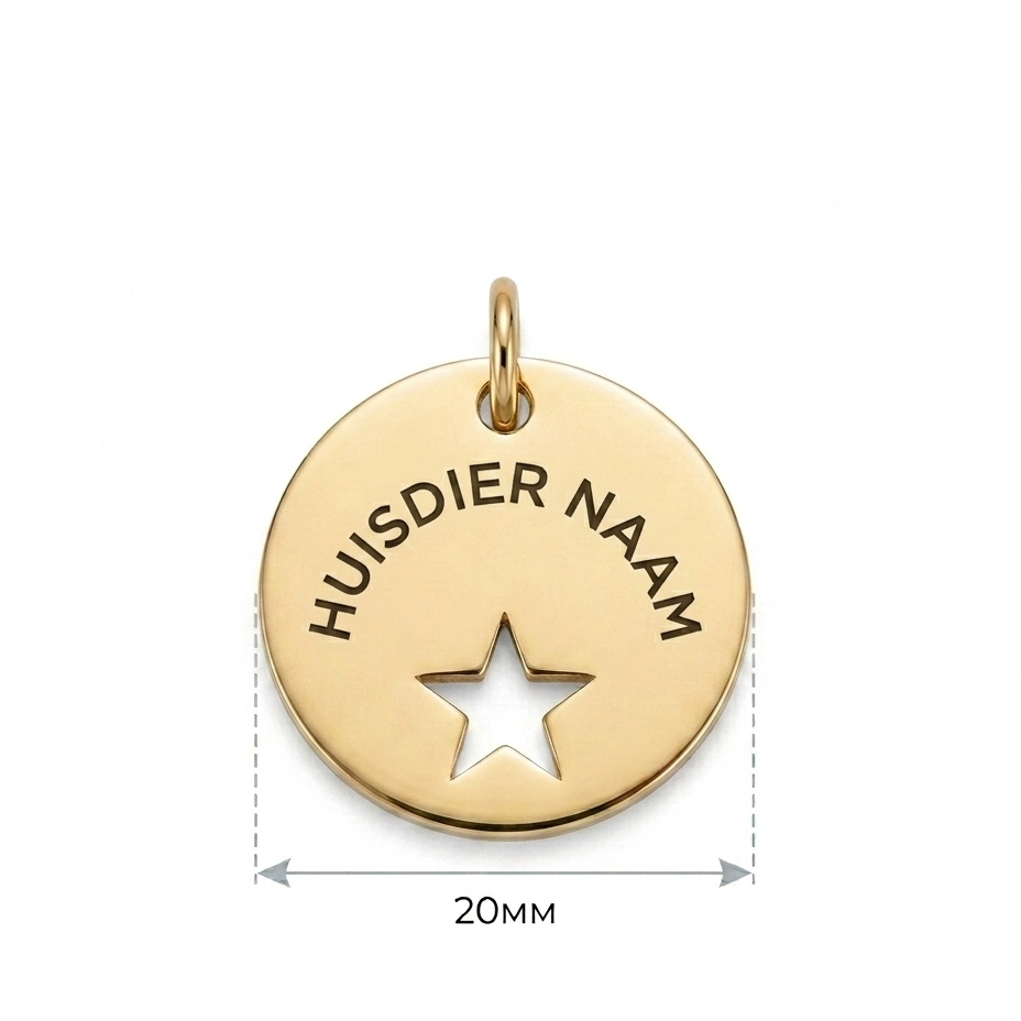 Gepersonaliseerde Dierenpenning / Naamplaatje voor Huisdier – Hondenpenning en Kattenpenning met Naam, Telefoonnummer en Adres – Ronde Penning 20 mm met Dubbelzijdige Gravure – Goudkleurig met Ster
