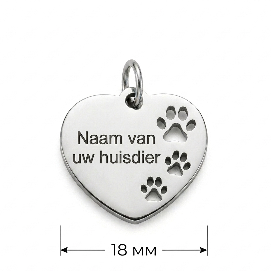 Gepersonaliseerde RVS Dierenpenning / Naamplaatje voor Huisdier – Hartvormige Hondenpenning en Kattenpenning met Naam, Telefoonnummer en Adres – Penning 18 mm met Dubbelzijdige Gravure – Roestvrij Staal – Zilverkleurig met Pootjes