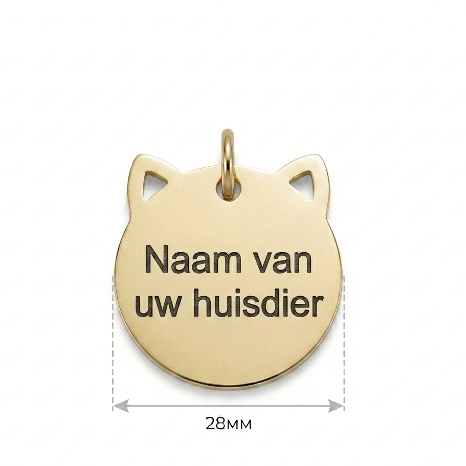 Gepersonaliseerde RVS Kattenpenning / Naamplaatje voor Huisdier – Kattenpenning voor Kat met Naam, Telefoonnummer en Adres – Kattenkop Penning 28 mm met Dubbelzijdige Gravure – Roestvrij Staal – Goudkleurig