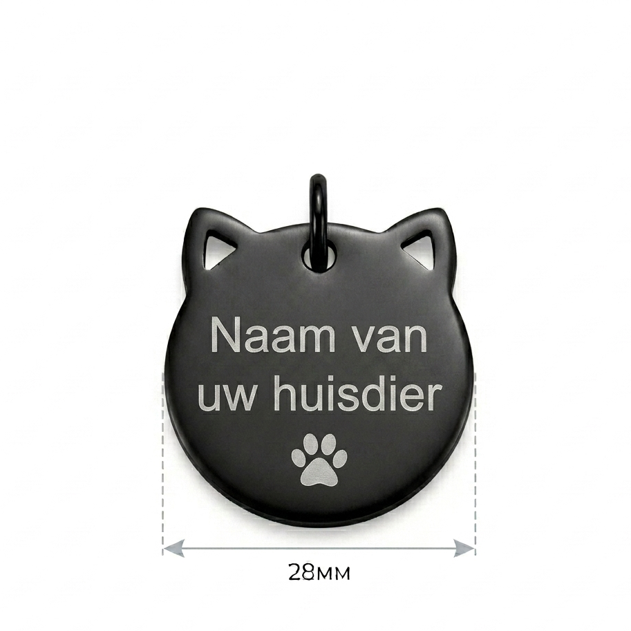 Gepersonaliseerde RVS Kattenpenning / Naamplaatje voor Huisdier – Zwarte Kattenpenning met Naam, Telefoonnummer en Adres – Kattenkop Penning 28 mm met Dubbelzijdige Gravure – Roestvrij Staal