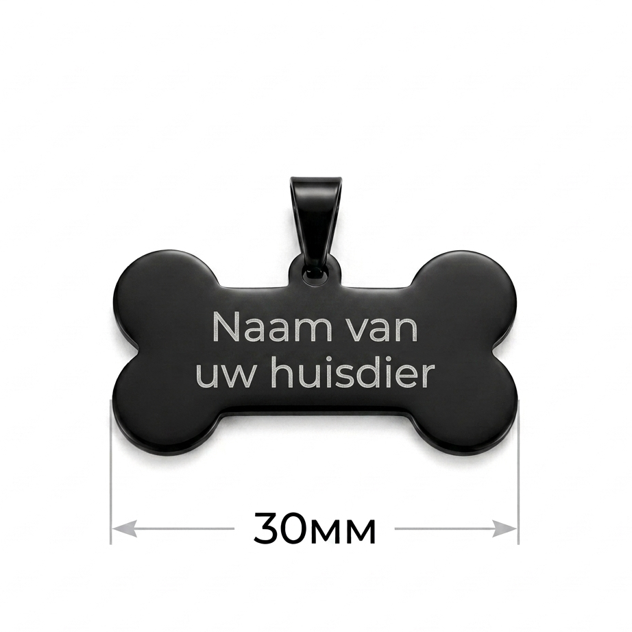Gepersonaliseerde RVS Hondenpenning / Naamplaatje voor Huisdier – Zwarte Botvormige Dierenpenning 30 mm met Naam, Telefoonnummer en Adres – Dubbelzijdige Gravure – Roestvrij Staal