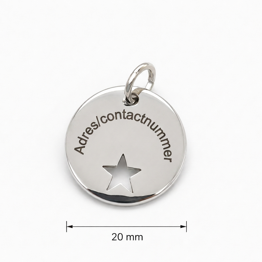 Gepersonaliseerde Dierenpenning / Naamplaatje voor Huisdier – Hondenpenning en Kattenpenning met Naam, Telefoonnummer en Adres – Ronde Penning 20 mm met Dubbelzijdige Gravure – Zilverkleurig met Ster