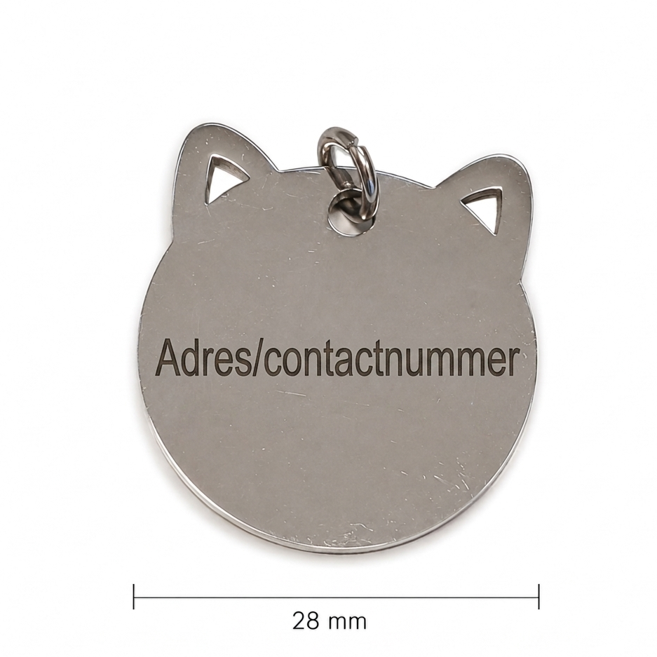 Gepersonaliseerde RVS Kattenpenning / Naamplaatje voor Huisdier – Kattenpenning voor Kat met Naam, Telefoonnummer en Adres – Kattenkop Penning 28 mm met Dubbelzijdige Gravure – Roestvrij Staal – Zilverkleurig