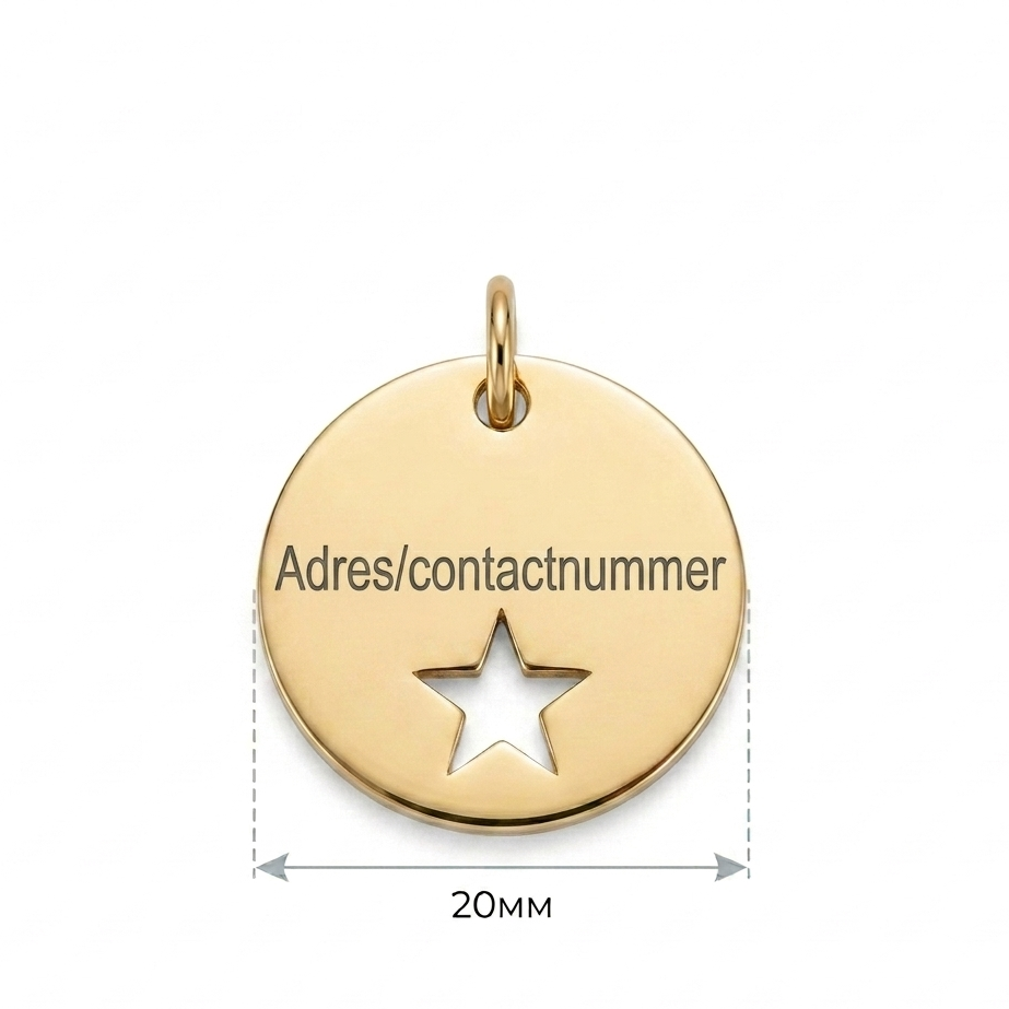 Gepersonaliseerde Dierenpenning / Naamplaatje voor Huisdier – Hondenpenning en Kattenpenning met Naam, Telefoonnummer en Adres – Ronde Penning 20 mm met Dubbelzijdige Gravure – Goudkleurig met Ster