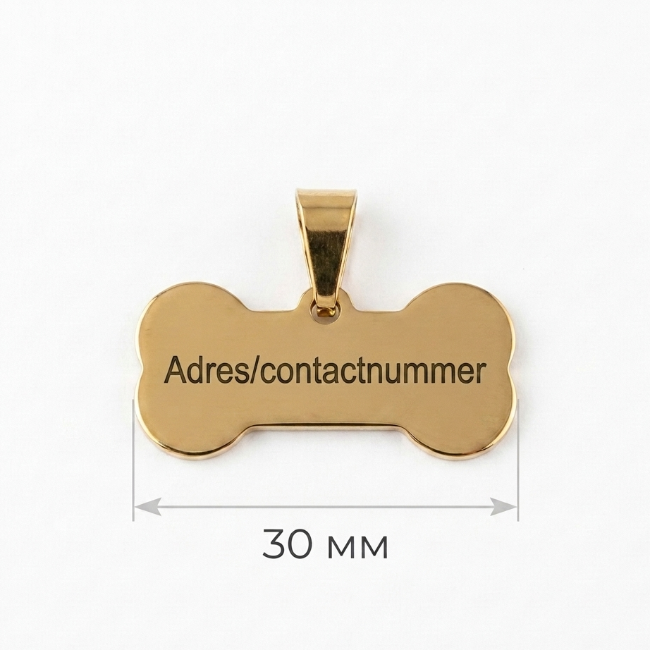 Gepersonaliseerde RVS Hondenpenning / Naamplaatje voor Huisdier – Botvormige Penning 30 mm met Naam, Telefoonnummer en Adres – Dubbelzijdige Gravure – Roestvrij Staal – Goudkleurig