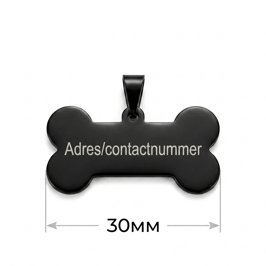 Gepersonaliseerde RVS Hondenpenning / Naamplaatje voor Huisdier – Zwarte Botvormige Dierenpenning 30 mm met Naam, Telefoonnummer en Adres – Dubbelzijdige Gravure – Roestvrij Staal