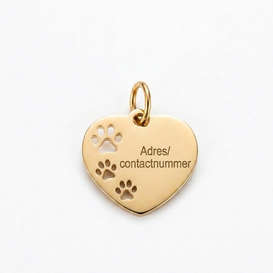 Gepersonaliseerde RVS Dierenpenning / Naamplaatje voor Huisdier – Goudkleurige Hartvormige Hondenpenning en Kattenpenning met Naam, Telefoonnummer en Adres – Penning 18 mm met Dubbelzijdige Gravure – Roestvrij Staal met Pootjes