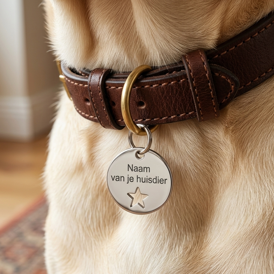Gepersonaliseerde Dierenpenning / Naamplaatje voor Huisdier – Hondenpenning en Kattenpenning met Naam, Telefoonnummer en Adres – Ronde Penning 20 mm met Dubbelzijdige Gravure – Zilverkleurig met Ster