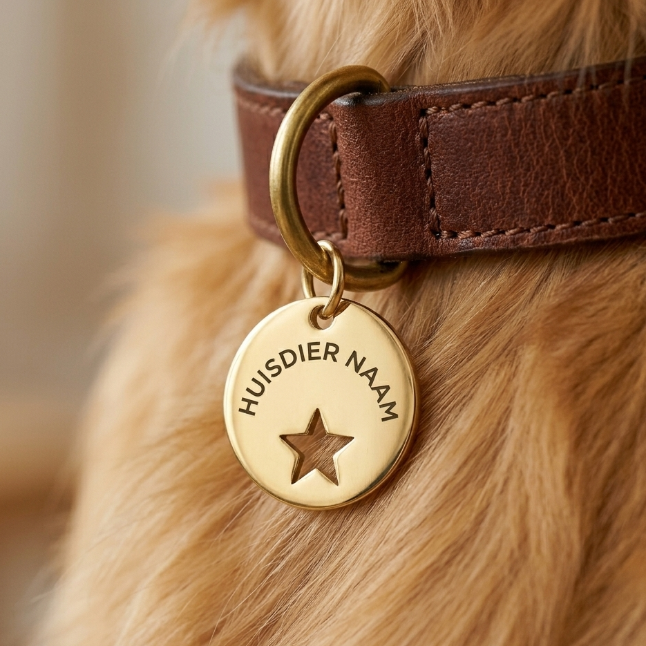 Gepersonaliseerde Dierenpenning / Naamplaatje voor Huisdier – Hondenpenning en Kattenpenning met Naam, Telefoonnummer en Adres – Ronde Penning 20 mm met Dubbelzijdige Gravure – Goudkleurig met Ster