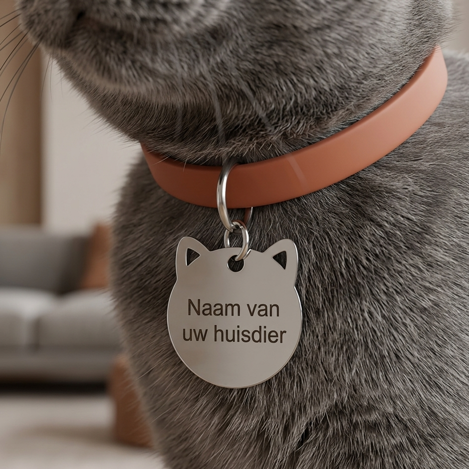 Gepersonaliseerde RVS Kattenpenning / Naamplaatje voor Huisdier – Kattenpenning voor Kat met Naam, Telefoonnummer en Adres – Kattenkop Penning 28 mm met Dubbelzijdige Gravure – Roestvrij Staal – Zilverkleurig