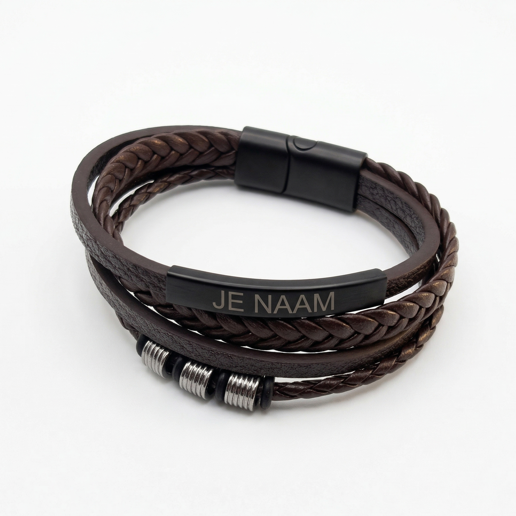 Armband met gravure - gepersonaliseerd - bruin gevlochten design - roestvrij staal