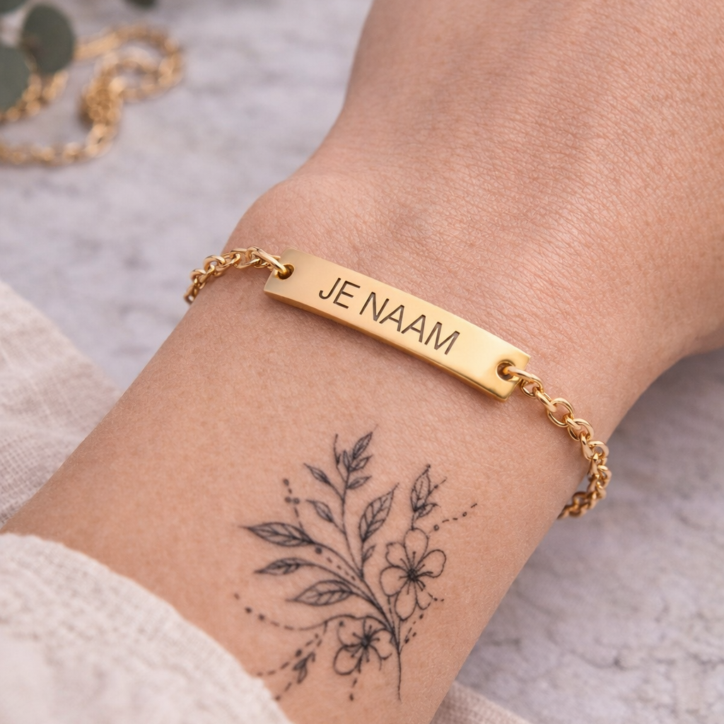 Armband met gravure - gepersonaliseerd - goudkleurige schakelarmband - roestvrij staal