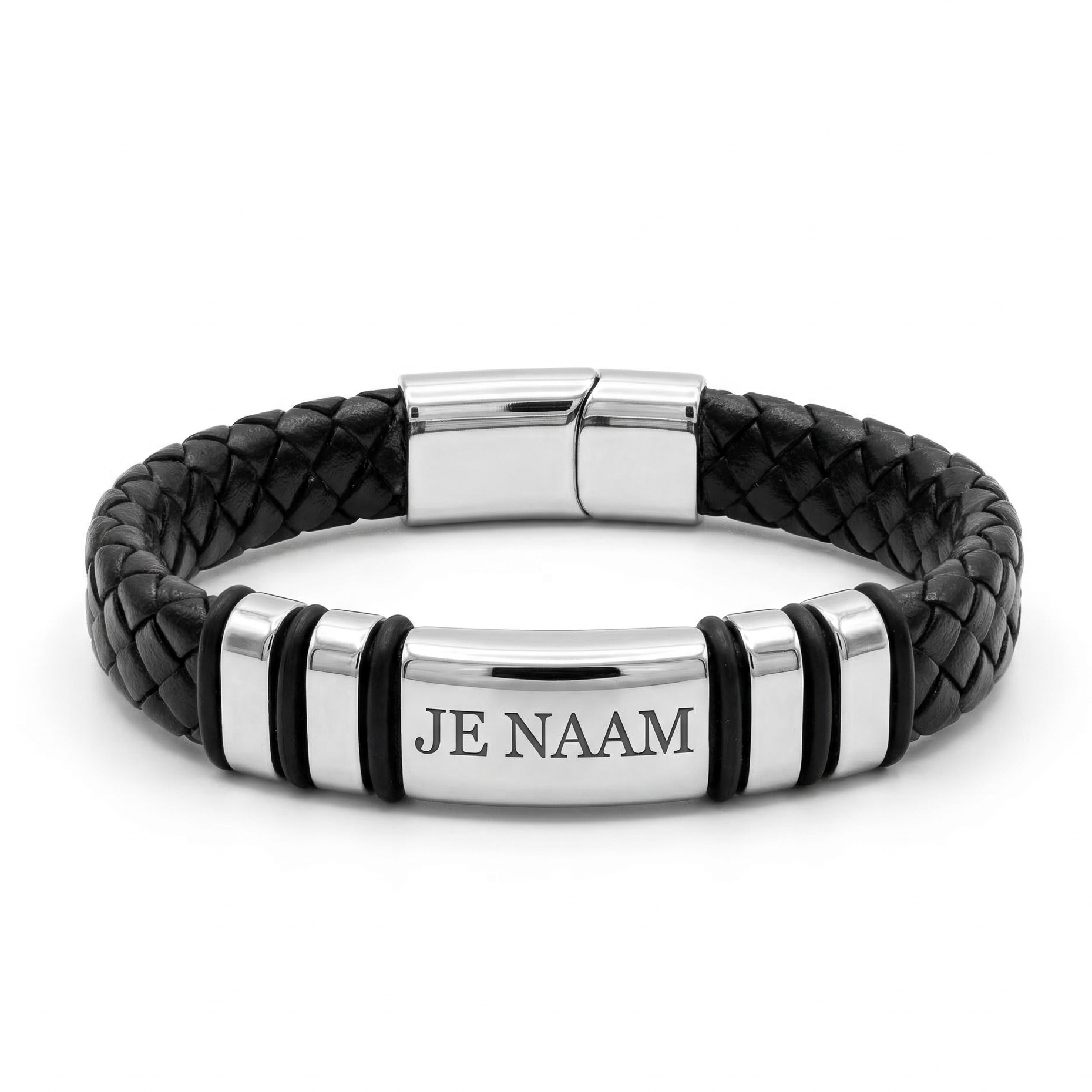 Armband met gravure - gepersonaliseerd - zwart gevlochten design - roestvrij staal