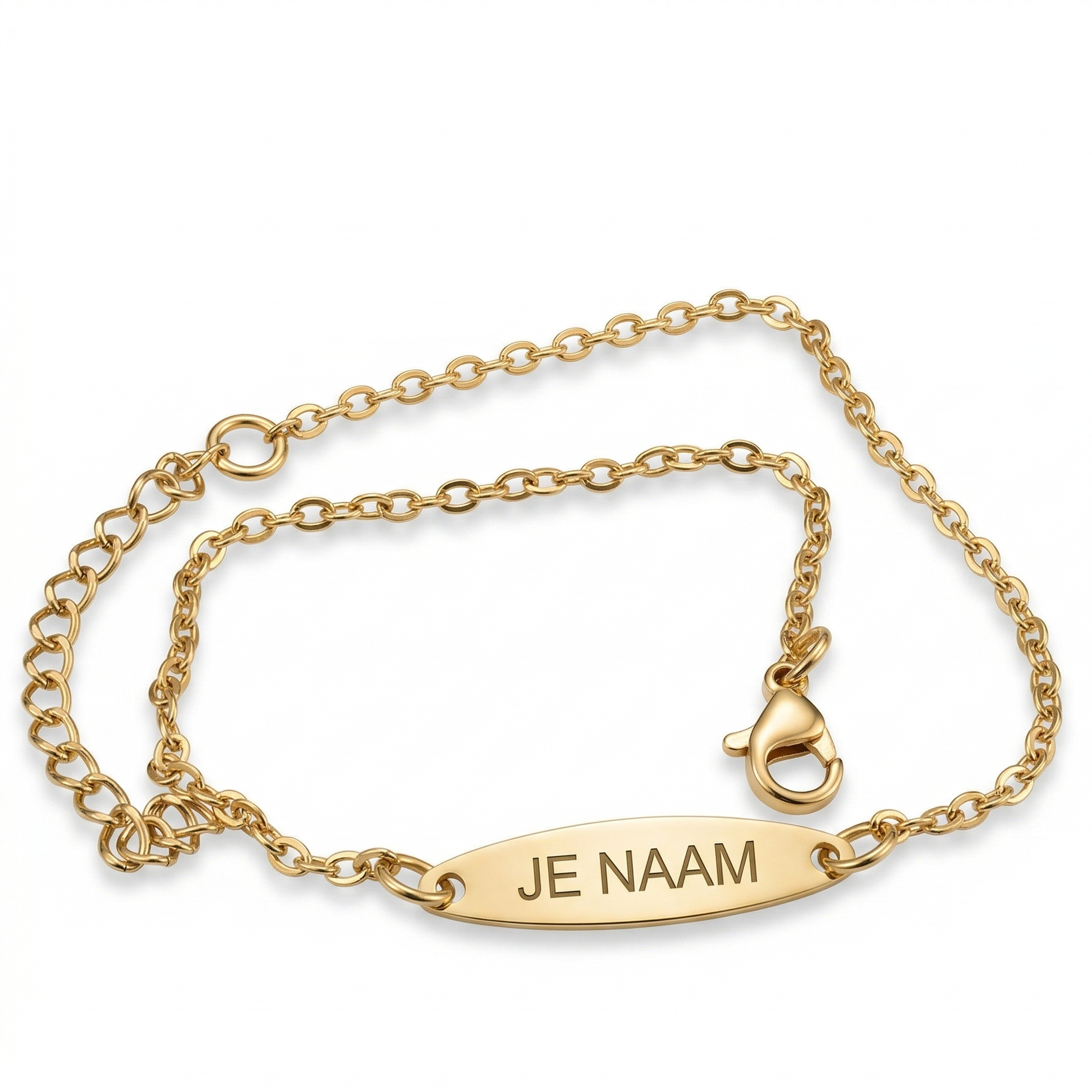 Armband - gepersonaliseerd - goudkleurig - met ovaal naamplaatje - verstelbaar