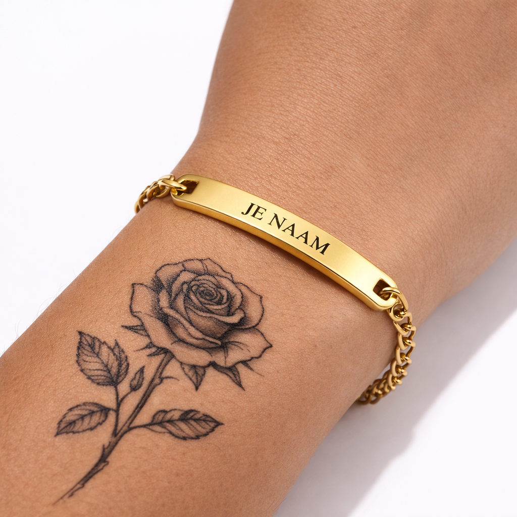 Armband - gepersonaliseerd - goudkleurig - met gebogen naamplaatje - schakelarmband - verstelbaar