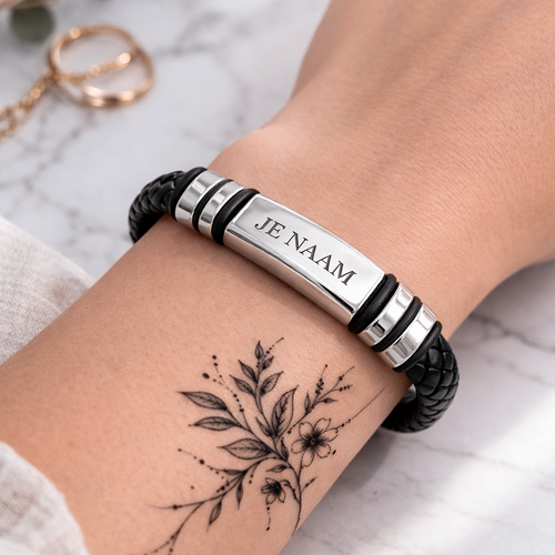 Armband met gravure - gepersonaliseerd - zwart gevlochten design - roestvrij staal