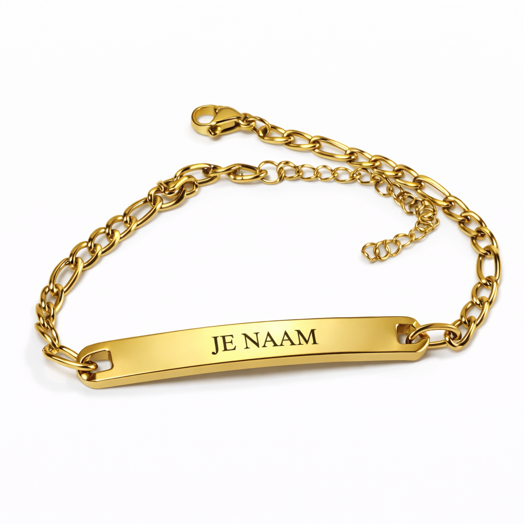 Armband - gepersonaliseerd - goudkleurig - met gebogen naamplaatje - schakelarmband - verstelbaar