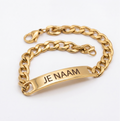 Armband - gepersonaliseerd - goudkleurig - met gebogen naamplaatje - grove schakelarmband - verstelbaar