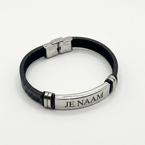Armband met naamgravure zwart - RVS plaat - 20 cm - gepersonaliseerd