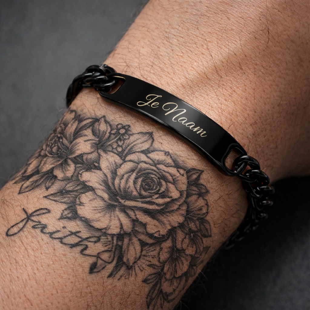 Gepersonaliseerde zwarte schakelarmband met naamgravure - stoer en stijlvol