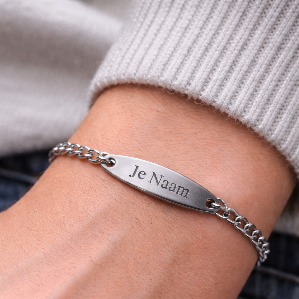 Gepersonaliseerde armband met ovale naamgravure - zilverkleurig en subtiel
