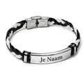 Gepersonaliseerde gevlochten armband met naamgravure - zwart-wit design