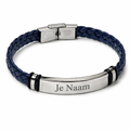 Gepersonaliseerde gevlochten armband met naamgravure - blauw-zilver design