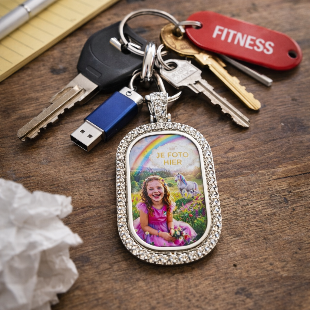 Gepersonaliseerde metalen sleutelhanger met foto en tekst – dubbelzijdige fotoprint – draaibare kern – ingelegd met imitatiesteentjes