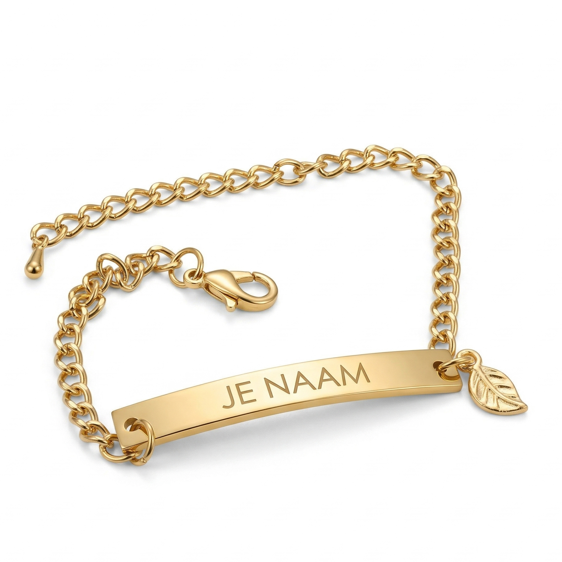 Armband - gepersonaliseerd - goudkleurig - met bladbedel - verstelbaar