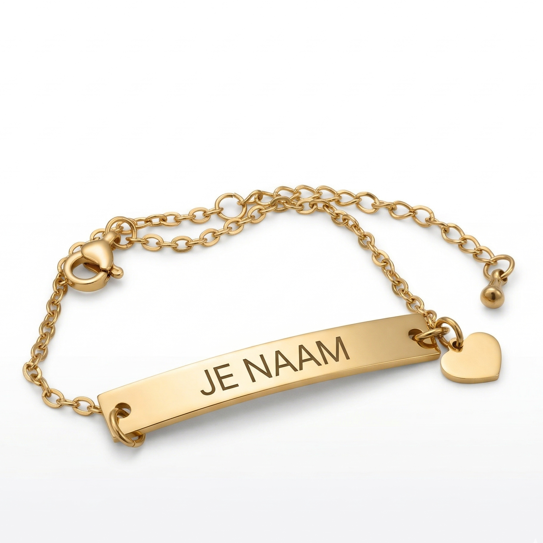 Armband - gepersonaliseerd - goudkleurig - met hartbedel - verstelbaar