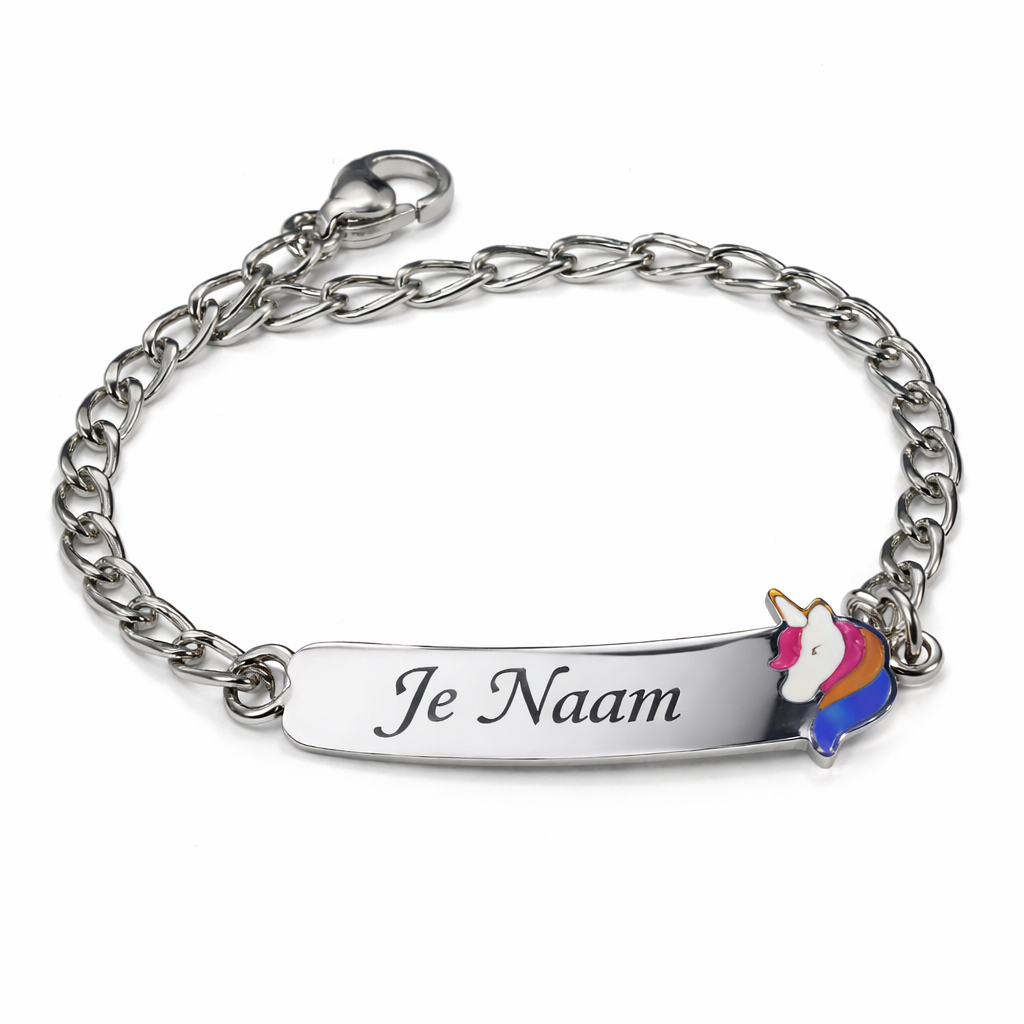 Gepersonaliseerde kinderarmband met naamgravure en eenhoorn bedel - zilverkleurig