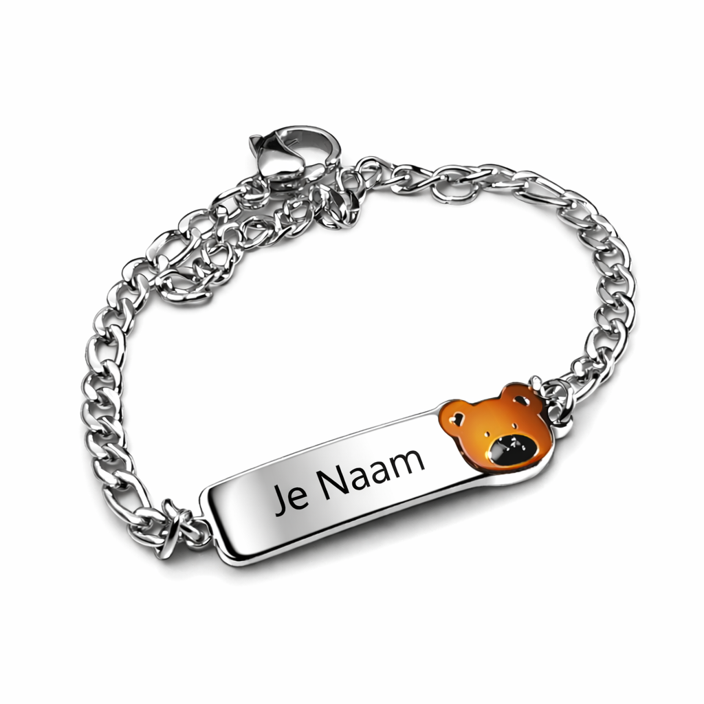 Gepersonaliseerde kinderarmband met naamgravure en berenbedel - zilverkleurig