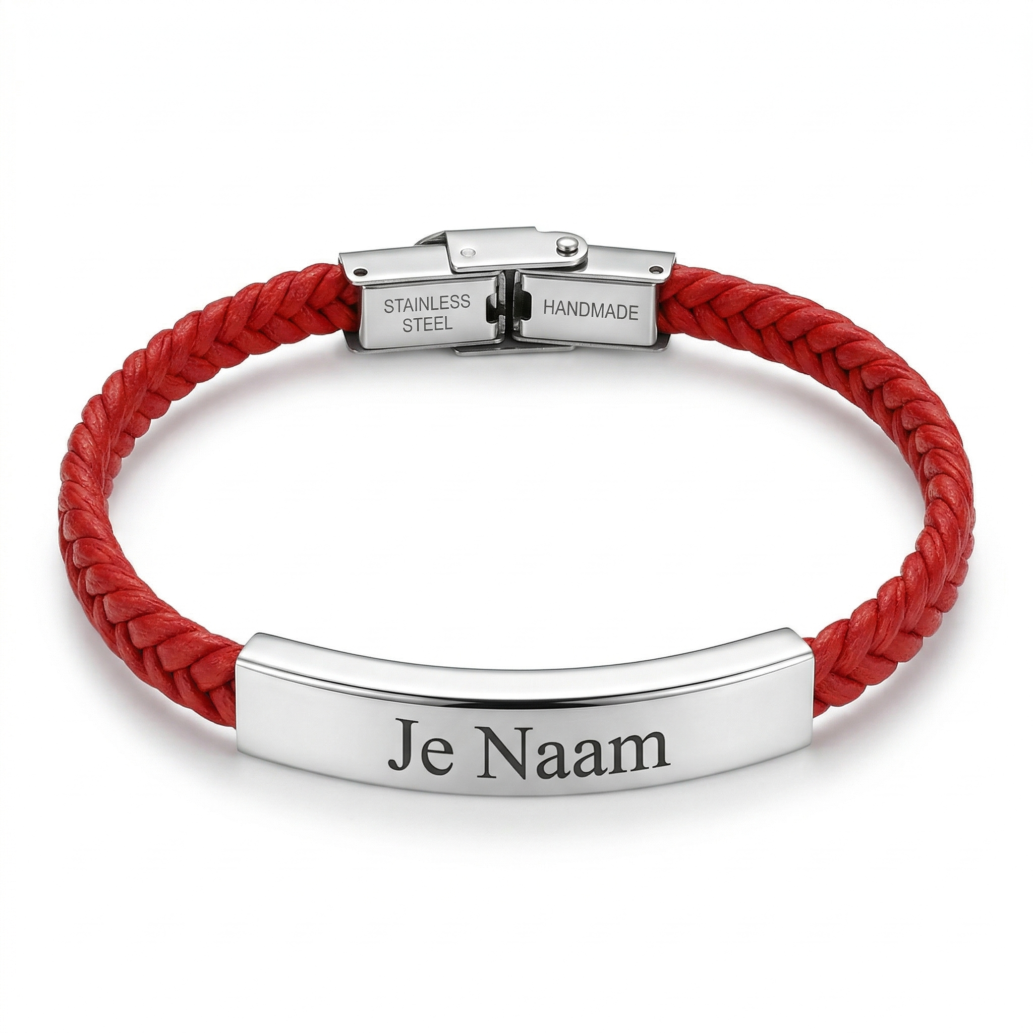 Gepersonaliseerde rode gevlochten armband met naamgravure - opvallend design