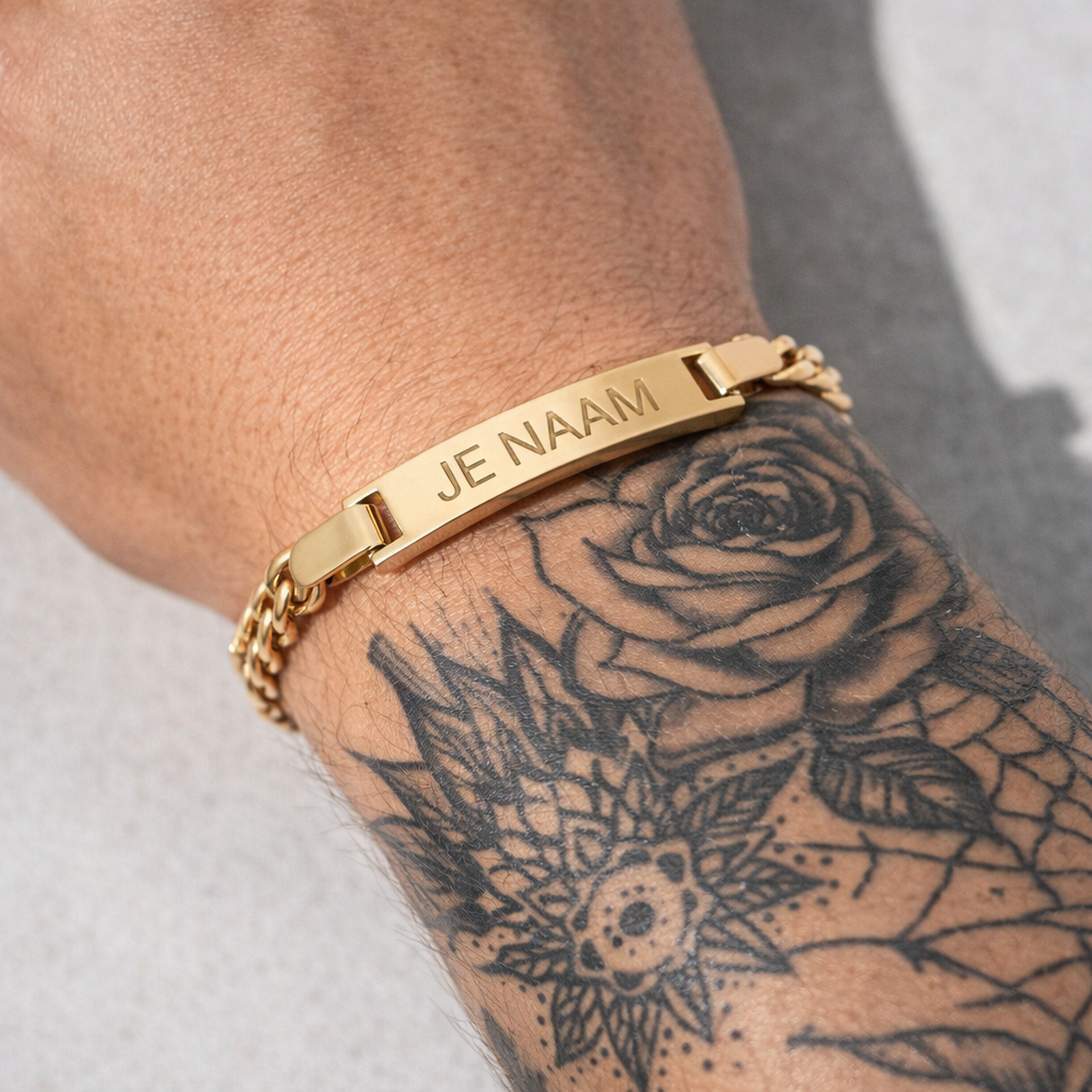 Armband - gepersonaliseerd - goudkleurig - met naamplaatje - schakelarmband - verstelbaar