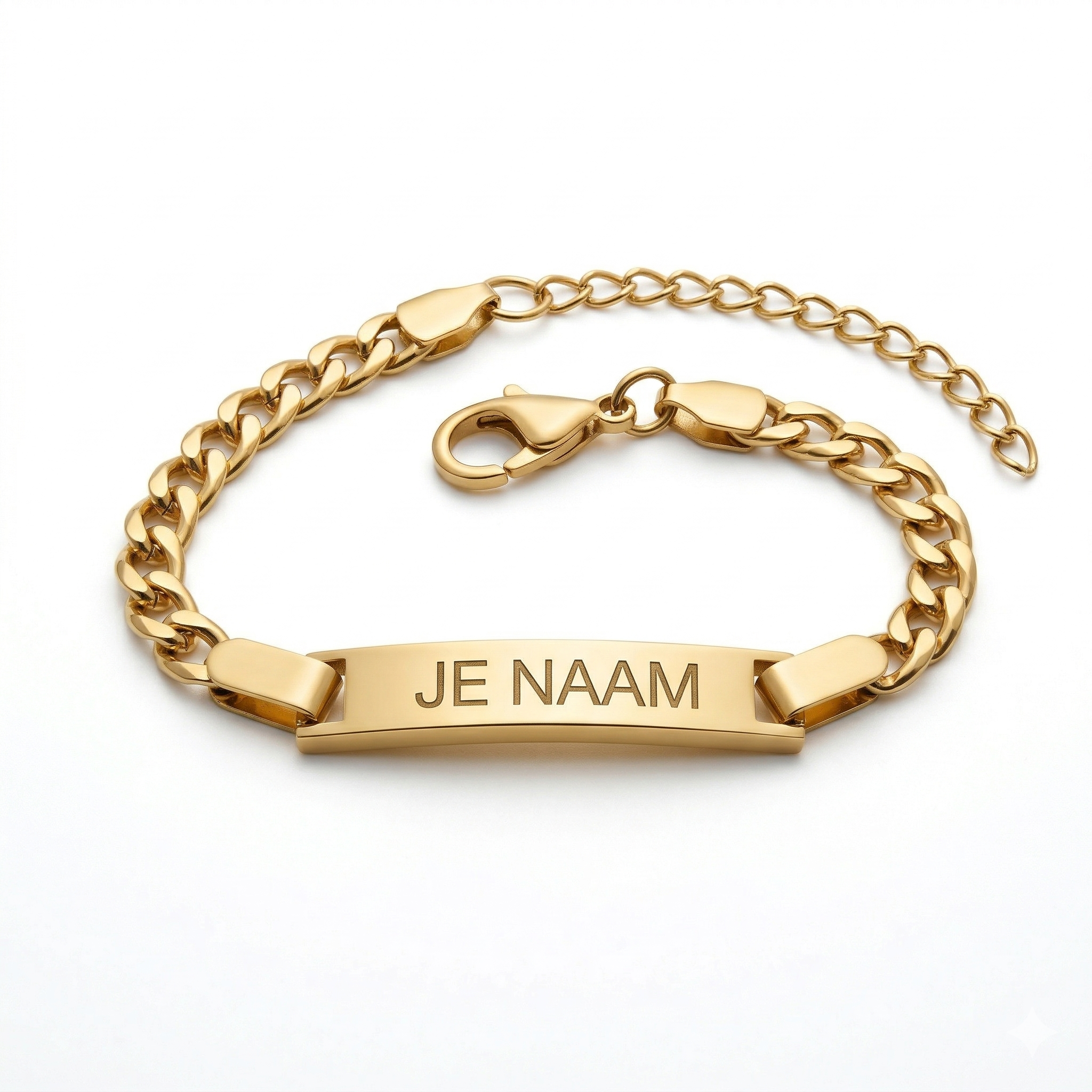 Armband - gepersonaliseerd - goudkleurig - met naamplaatje - schakelarmband - verstelbaar