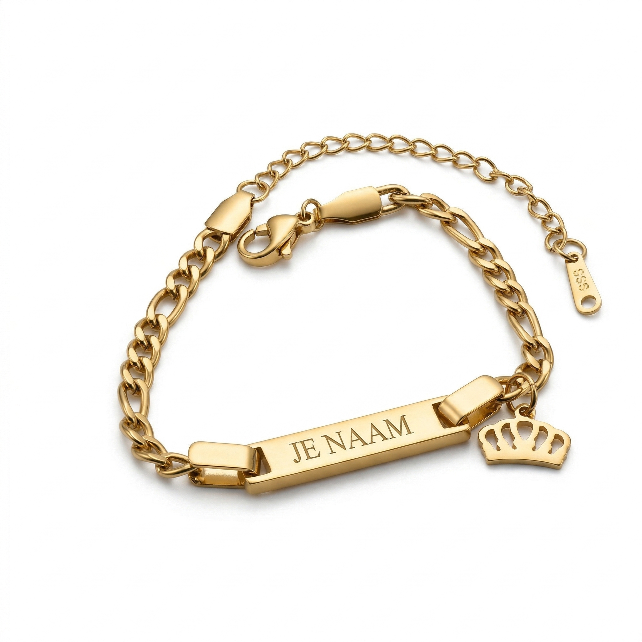 Armband - gepersonaliseerd - goudkleurig - met kroonbedel - schakelarmband - verstelbaar