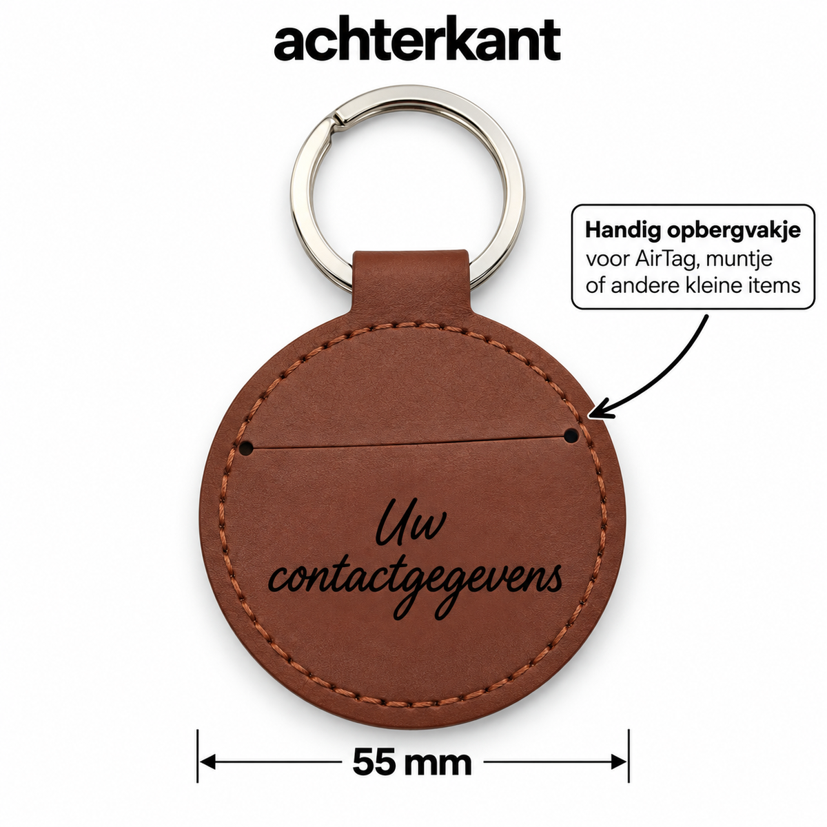 Gepersonaliseerde Ronde Sleutelhanger met Naam – Kunstleer – Gegraveerde Autosleutelhanger – Bruin – Opbergvak voor AirTag / Muntje – 55 mm – Sleutelhanger met naam