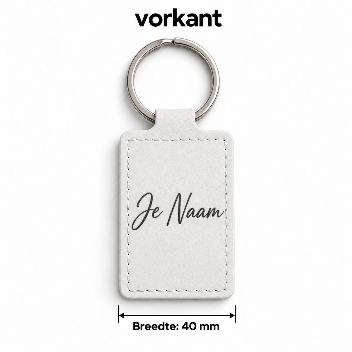 Gepersonaliseerde Sleutelhanger met Naam – Witte Kunstleren Sleutelhanger – Rechthoekig – Gravure Voor- en Achterkant – Contactgegevens – Autosleutelhanger – 40 mm – Persoonlijk Cadeau