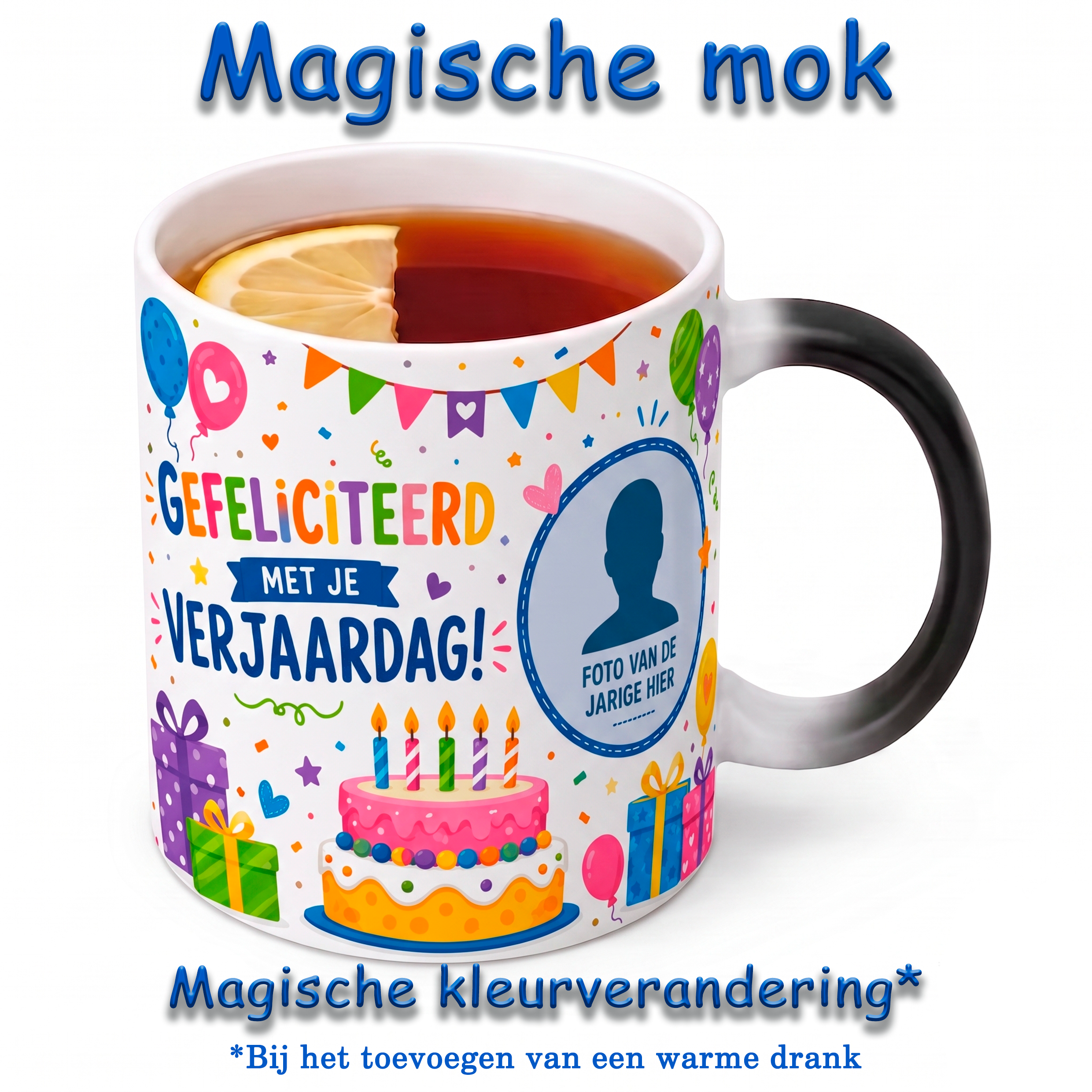 Gepersonaliseerde Magische Verjaardagsmok met Foto – Kleurveranderende Mok Gefeliciteerd met je Verjaardag – Warmtegevoelige Fotomok – Mok met Eigen Foto van de Jarige – Cadeau voor Verjaardag – Zwarte Mok wordt Wit bij Warme Drank