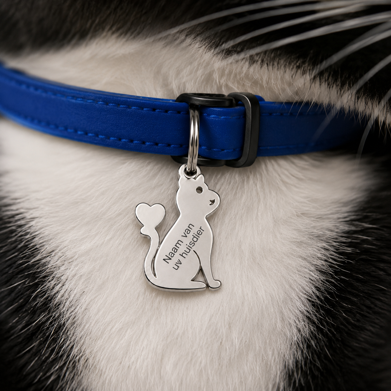 Gepersonaliseerde Kattenpenning Katvorm met Hartstaart - Hondenpenning / Huisdierpenning - Gegraveerde RVS ID-tag met naam, telefoonnummer en adres - Dubbelzijdig naamplaatje - Zilver - 14 mm