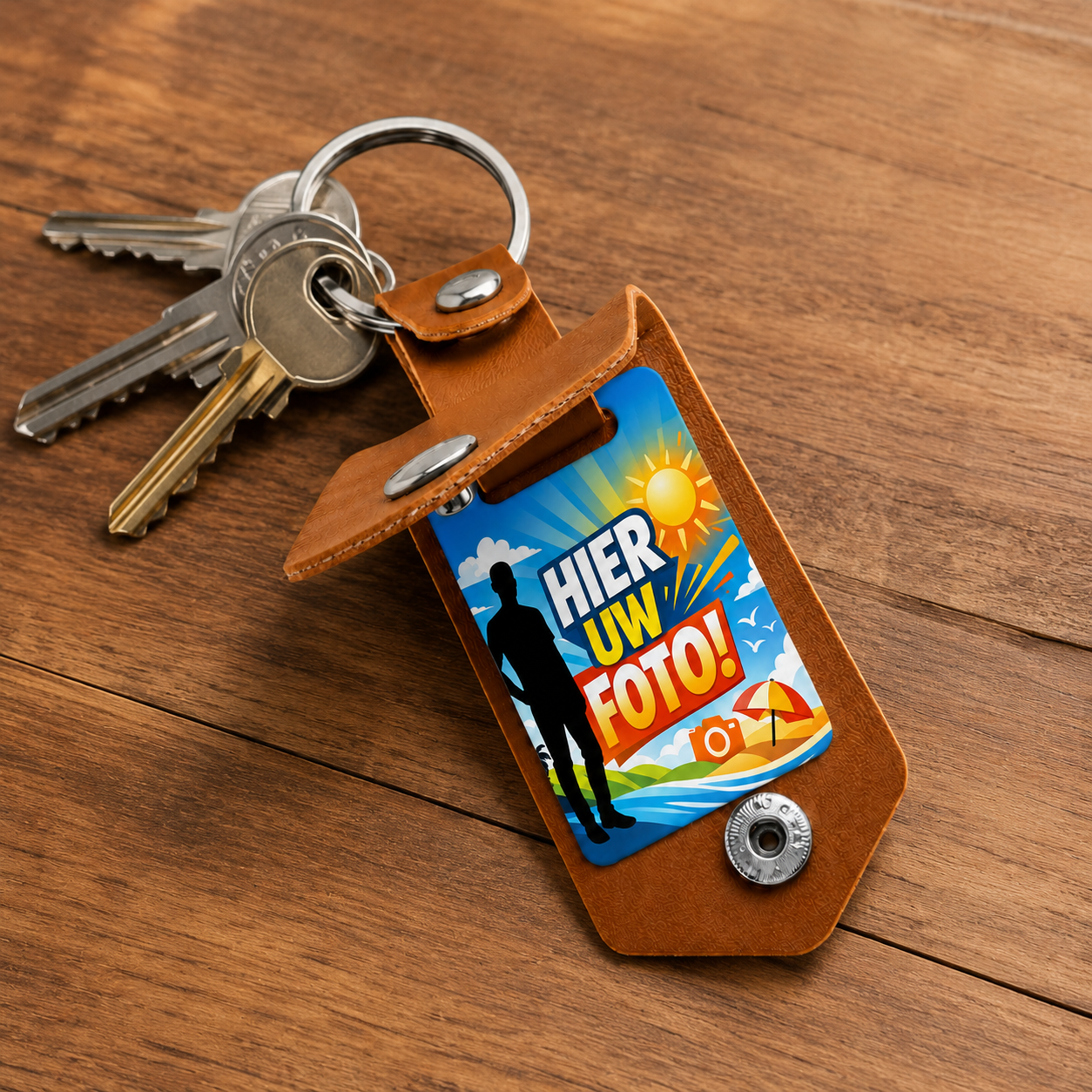 Gepersonaliseerde Sleutelhanger met Verborgen Foto – Sleutelring met Geheime Fototab, Dubbelzijdige Fotoprint en Gravure op Voorzijde – Cognac/Zilverkleurig – Persoonlijk Cadeau voor Hem en Haar