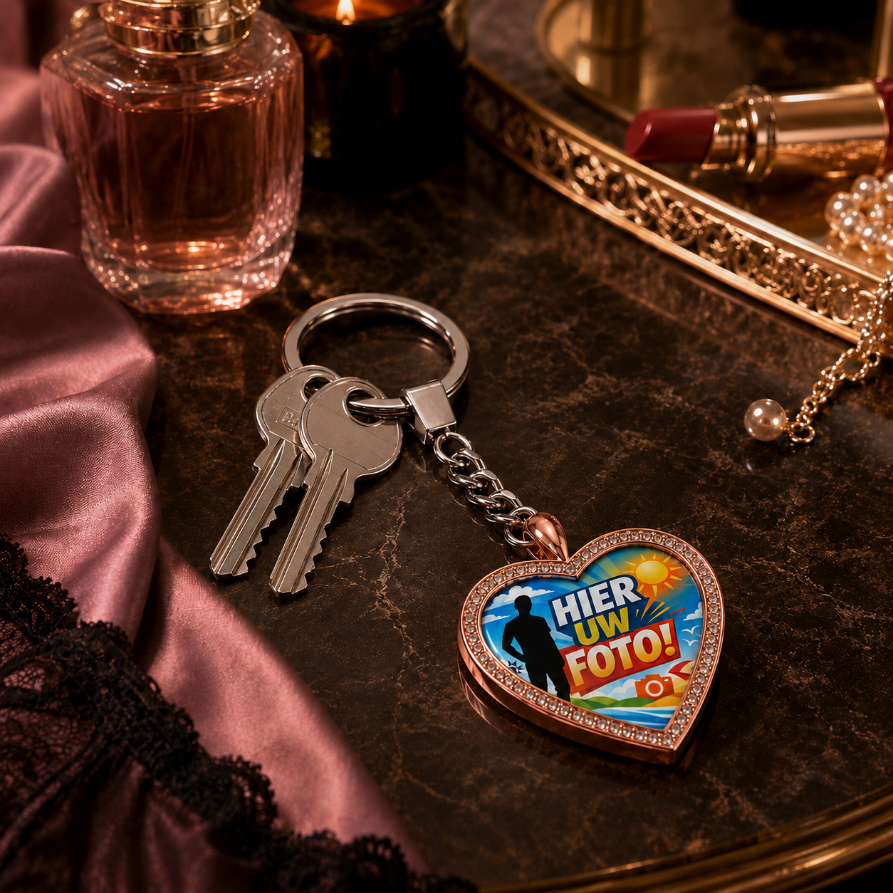 Gepersonaliseerde Hart Sleutelhanger met Foto en Gravure – Roségoudkleurige Hartvormige Sleutelring met Fotoprint op Voorzijde en Naamgravure op Achterzijde – Persoonlijk Cadeau voor Haar en Hem
