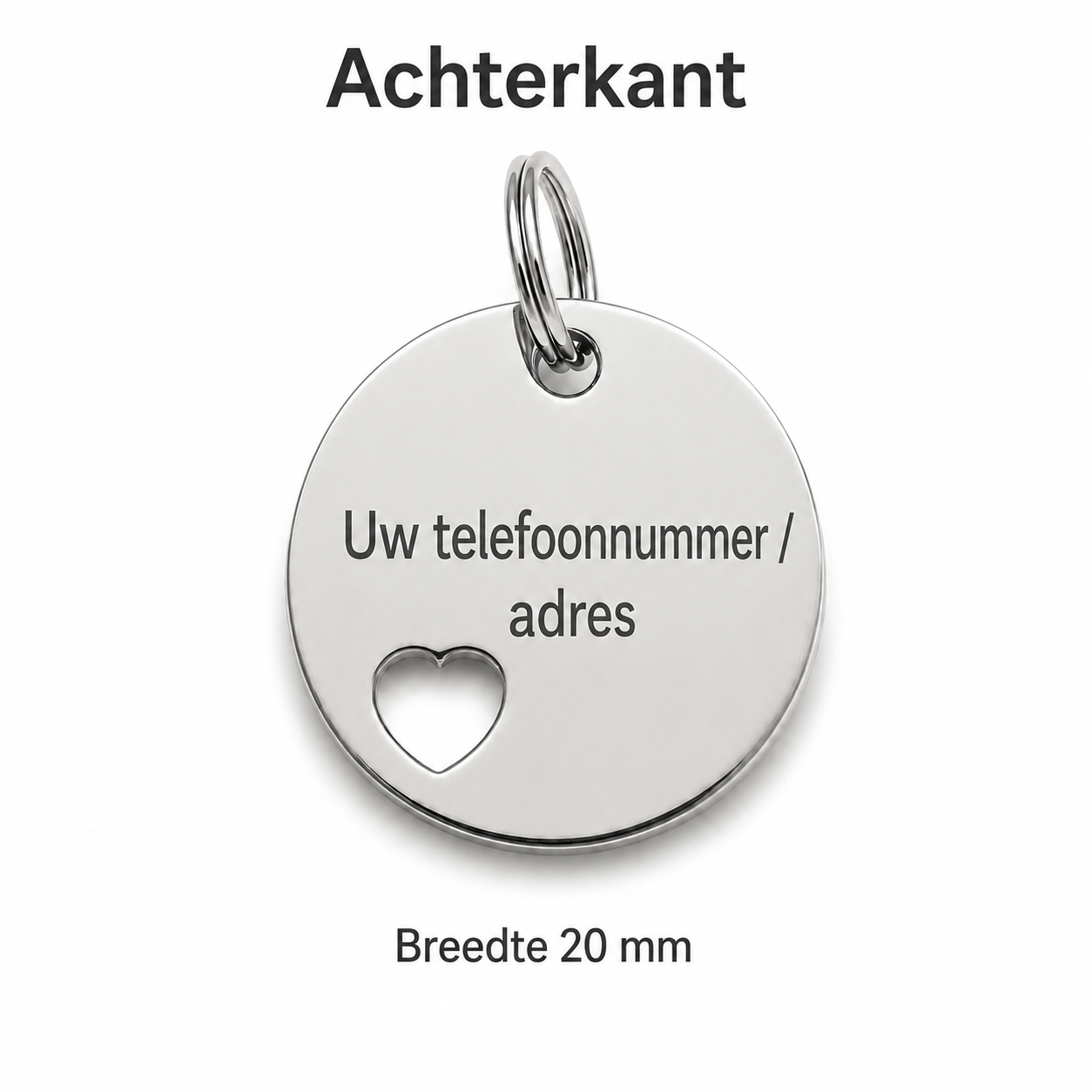 Gepersonaliseerde Hondenpenning Rond met Hartje - Kattenpenning / Huisdierpenning - Gegraveerde ID-tag met naam, telefoonnummer en adres - Dubbelzijdig RVS naamplaatje - Zilver - 20 mm