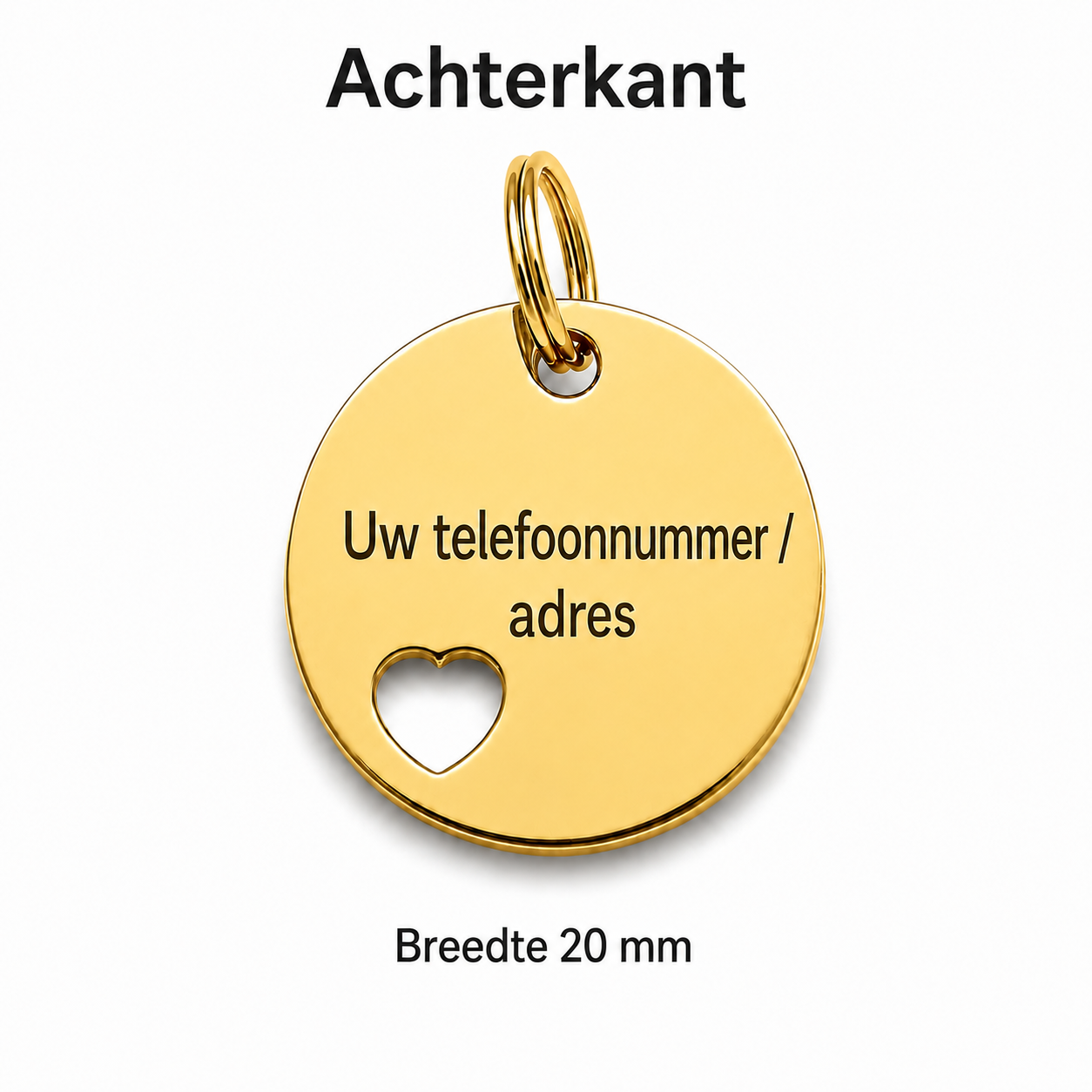 Gepersonaliseerde Hondenpenning Rond met Hartje - Kattenpenning / Huisdierpenning - Gegraveerde ID-tag met naam, telefoonnummer en adres - Dubbelzijdig RVS naamplaatje - Goud - 20 mm