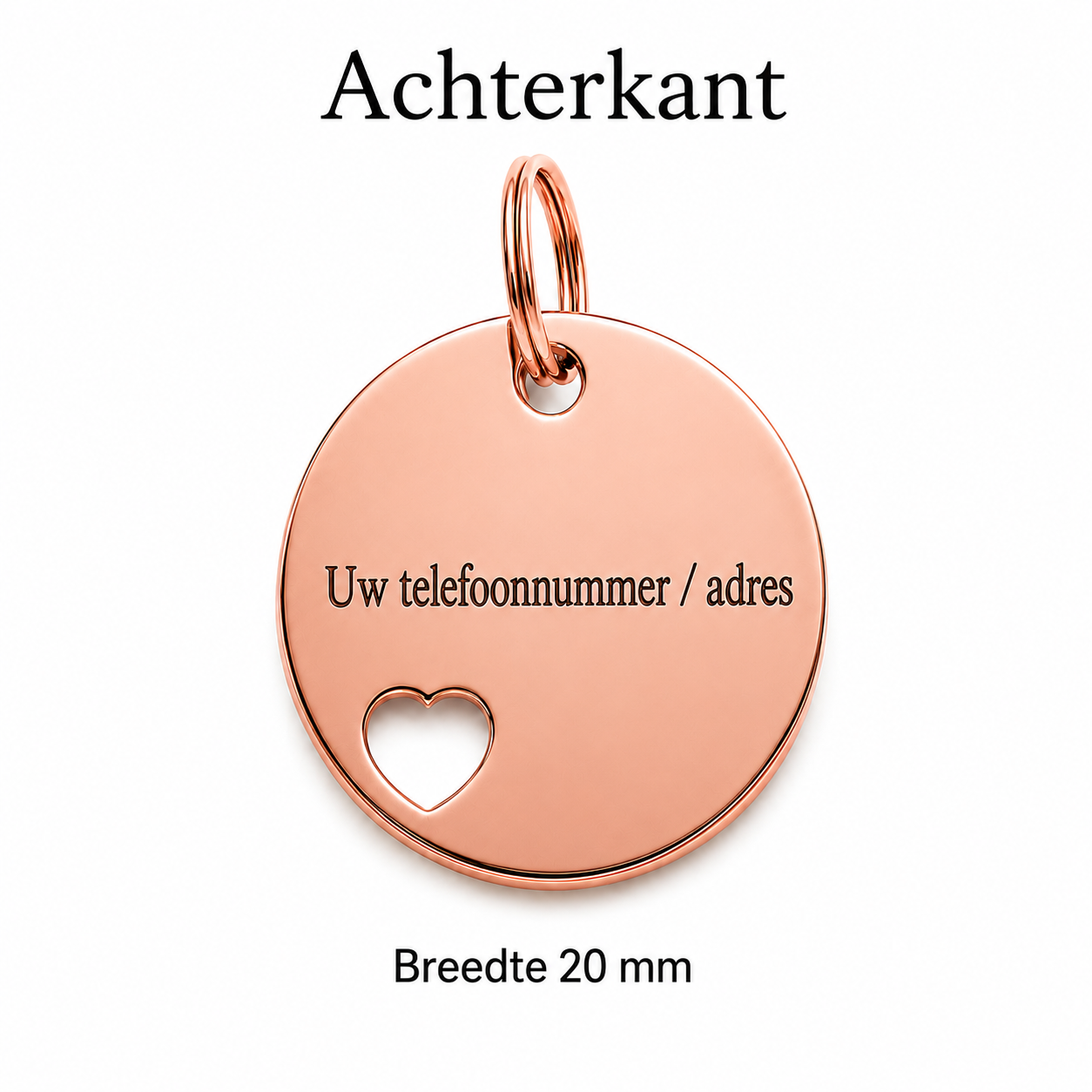 Gepersonaliseerde Hondenpenning Rond met Hartje - Kattenpenning / Huisdierpenning - Gegraveerde ID-tag met naam, telefoonnummer en adres - Dubbelzijdig RVS naamplaatje - Roségoud - 20 mm