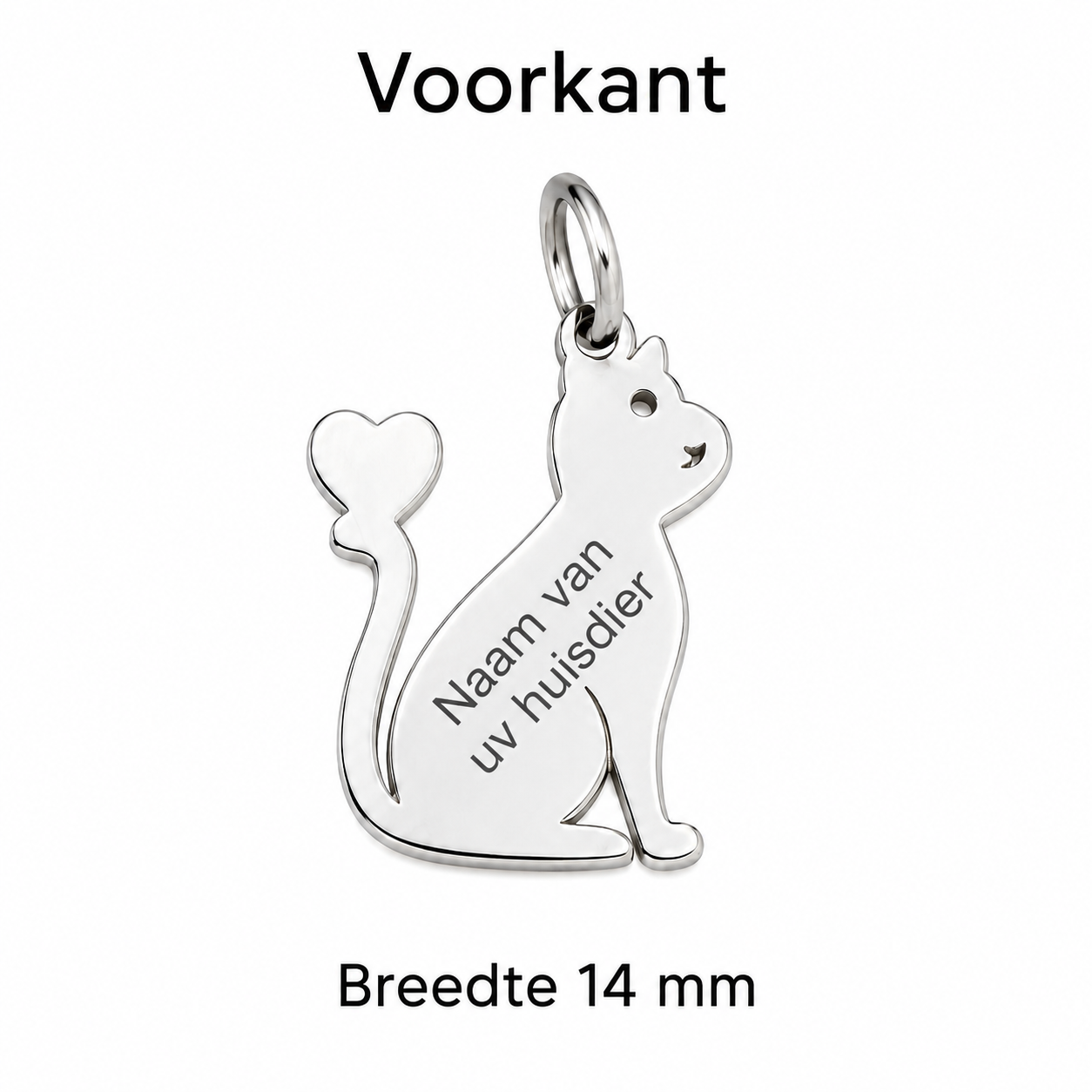 Gepersonaliseerde Kattenpenning Katvorm met Hartstaart - Hondenpenning / Huisdierpenning - Gegraveerde RVS ID-tag met naam, telefoonnummer en adres - Dubbelzijdig naamplaatje - Zilver - 14 mm